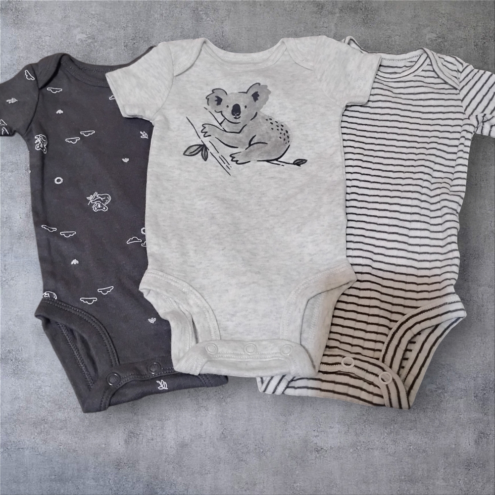 Carter's NB 3-Pack Gray, Charcoal & Black Baby Bodysuits with Koala and Stripes